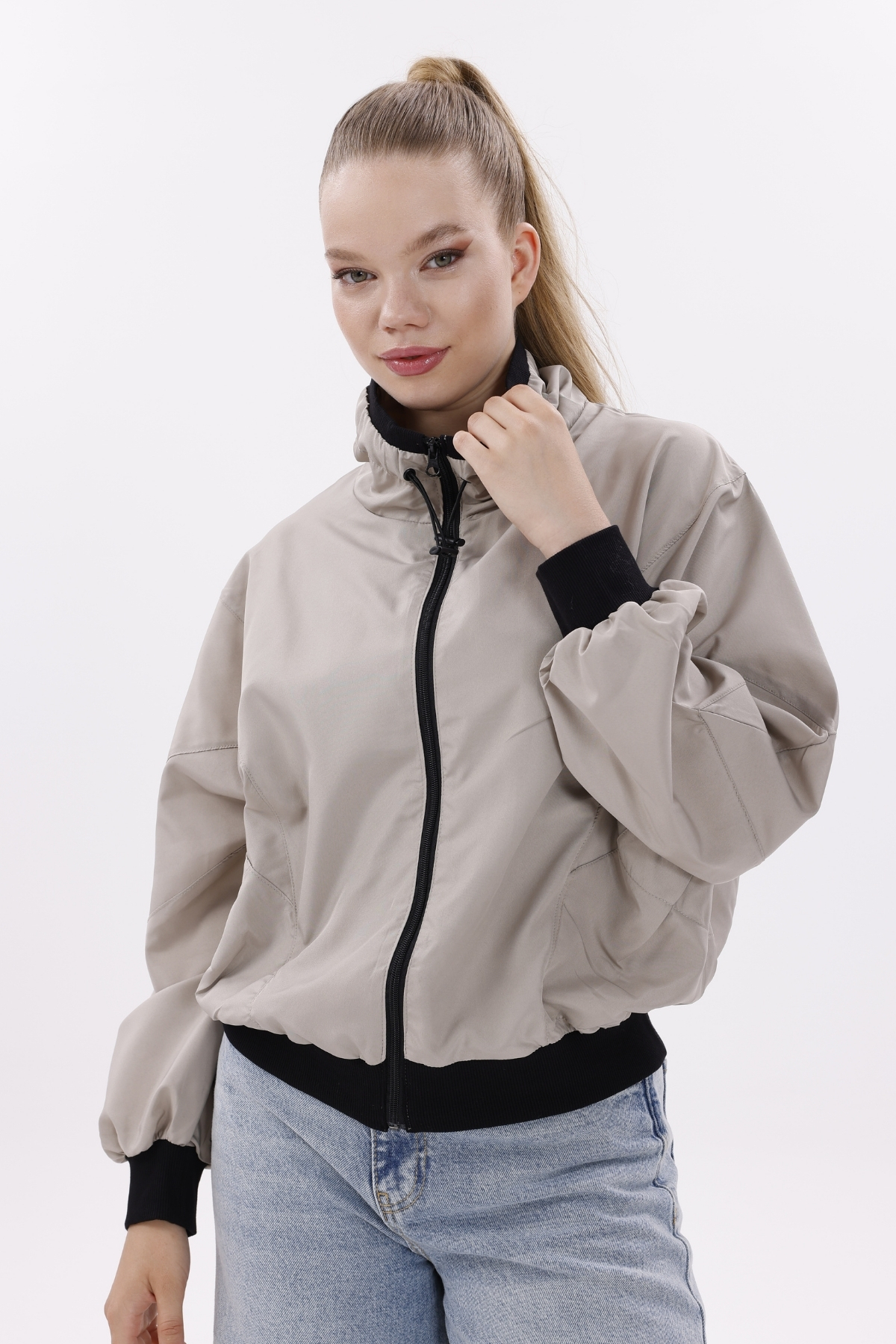 freemen  Kadın Taş Dik Yaka Su ve Rüzgar Geçirmez Oversize Crop Mevsimlik Yağmurluk Rüzgarlık - Görsel 2