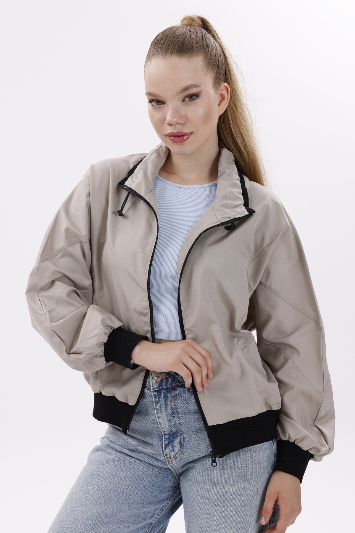 freemen  Kadın Taş Dik Yaka Su ve Rüzgar Geçirmez Oversize Crop Mevsimlik Yağmurluk Rüzgarlık