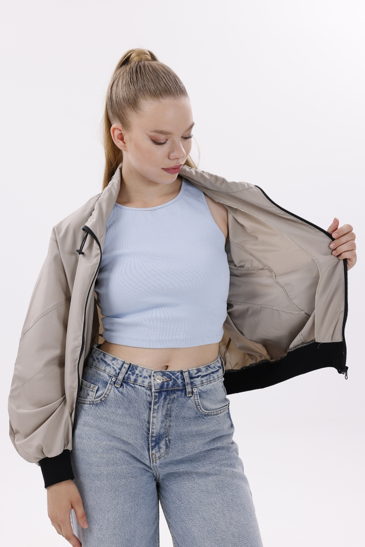 freemen  Kadın Taş Dik Yaka Su ve Rüzgar Geçirmez Oversize Crop Mevsimlik Yağmurluk Rüzgarlık - Görsel 4