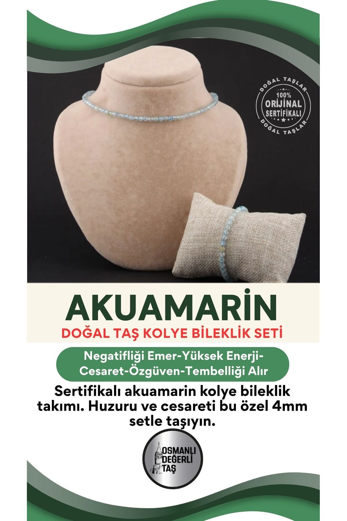 OSMANLI DEĞERLİ TAŞ-Certified Aquamarine Necklace Bracelet Set 4 Mm 1