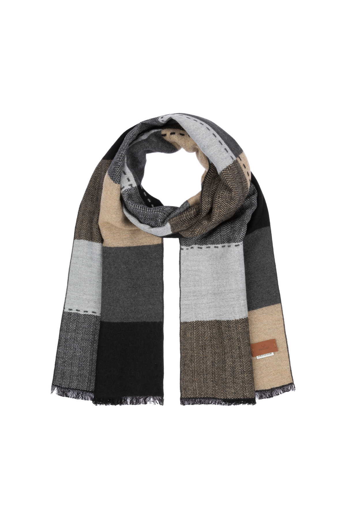 Nordbron  Gri Erkek Şeritli Kare Desenli Fular Triko Renk Bloklu Atkı Püsküllü Kalın Yumuşak Kışlık Petra - Görsel 2