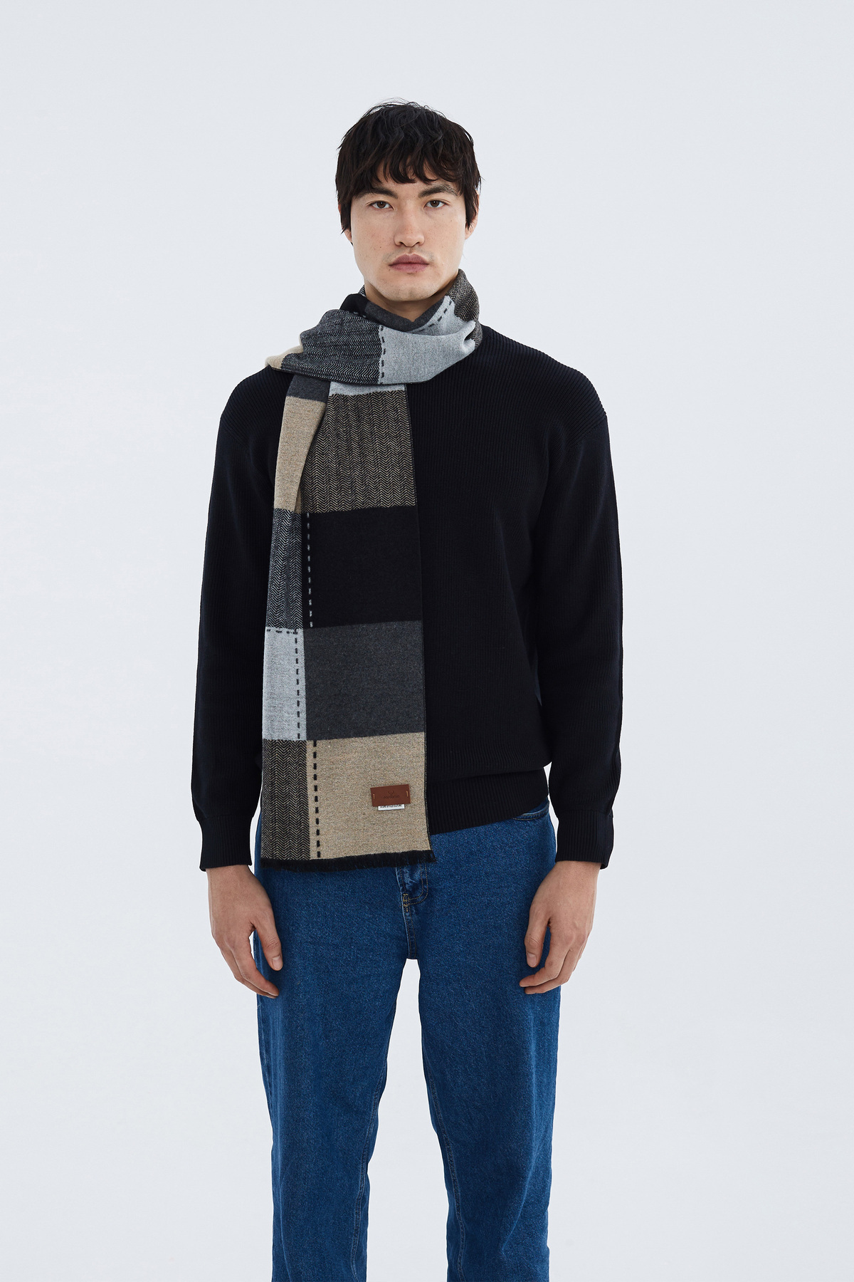 Nordbron  Gri Erkek Şeritli Kare Desenli Fular Triko Renk Bloklu Atkı Püsküllü Kalın Yumuşak Kışlık Petra