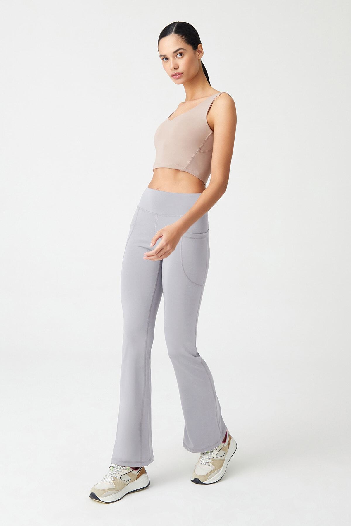 Los Ojos  Kadın Gri Yüksek Bel Toparlayıcı Çift Cepli İspanyol Paça Tayt Bootcut - Görsel 4