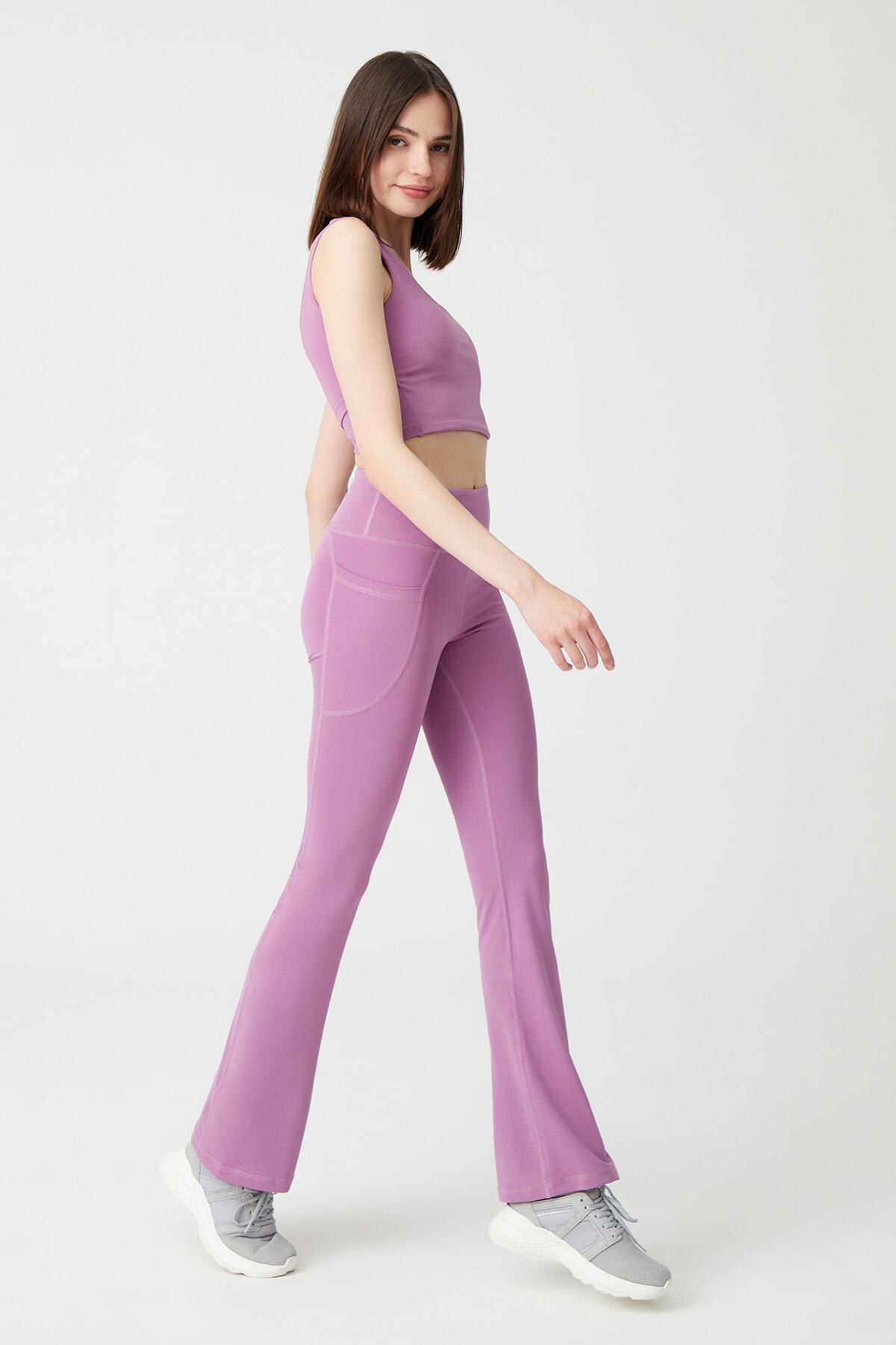 Los Ojos  Kadın Lavanta Yüksek Bel Toparlayıcı Çift Cepli Ispanyol Paça Tayt Bootcut - Görsel 7