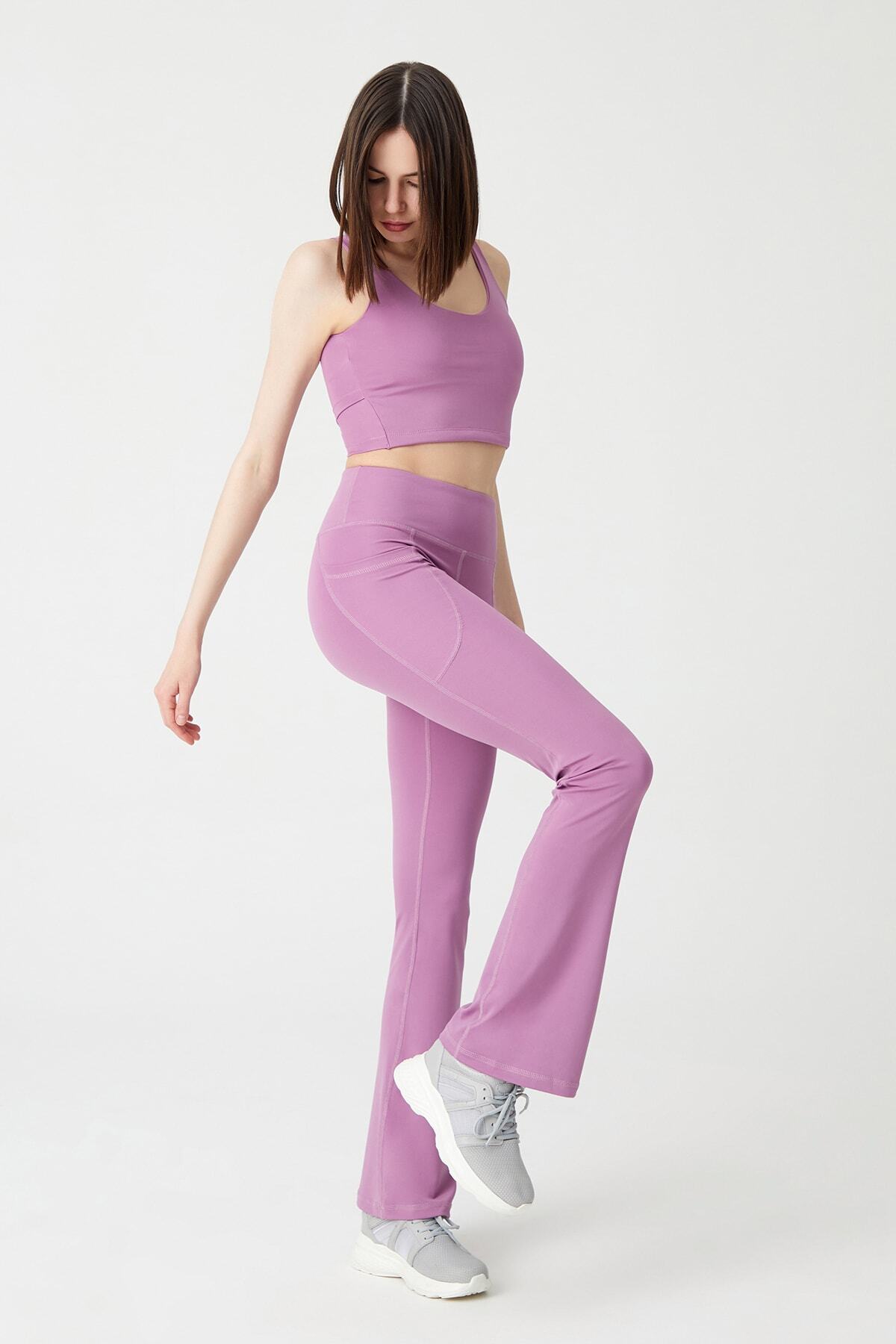 Los Ojos  Kadın Lavanta Yüksek Bel Toparlayıcı Çift Cepli Ispanyol Paça Tayt Bootcut - Görsel 4