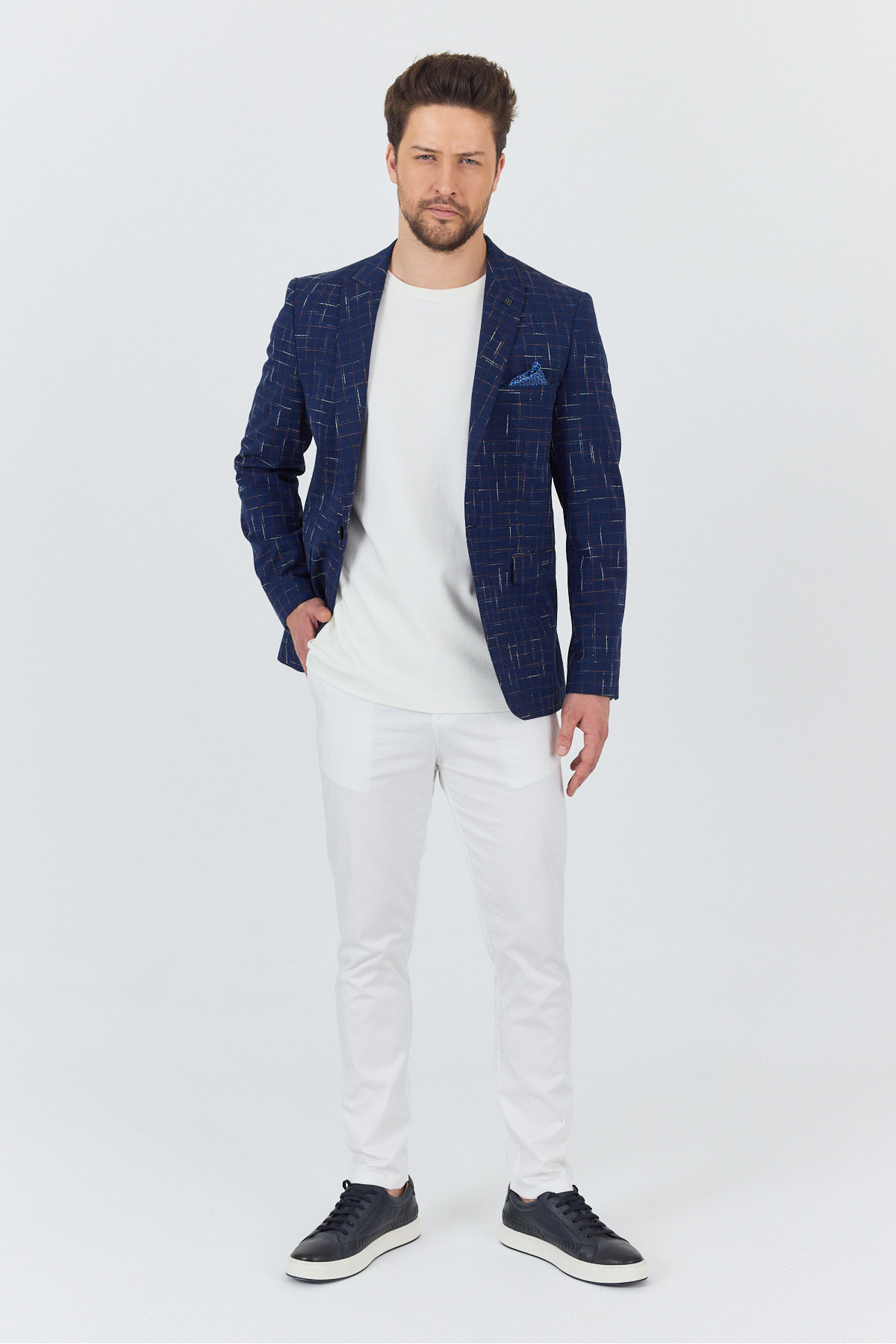 Frappoli  Modero Erkek Lacivert-Bordo Ekose Kareli Polyviskon Kumaşlı Slim Fit Dar Kesim Spor Blazer Ceket - Görsel 7