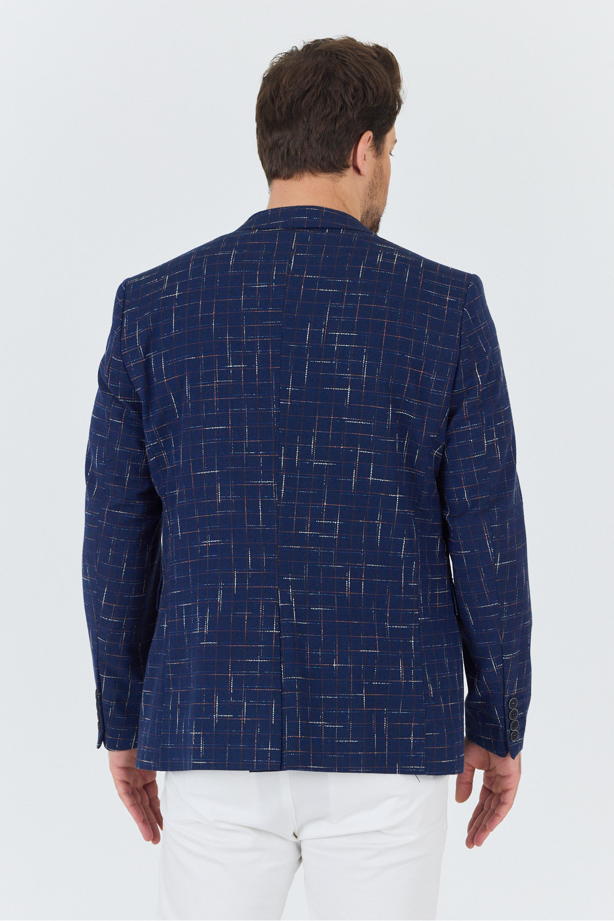 Frappoli  Modero Erkek Lacivert-Bordo Ekose Kareli Polyviskon Kumaşlı Slim Fit Dar Kesim Spor Blazer Ceket - Görsel 6