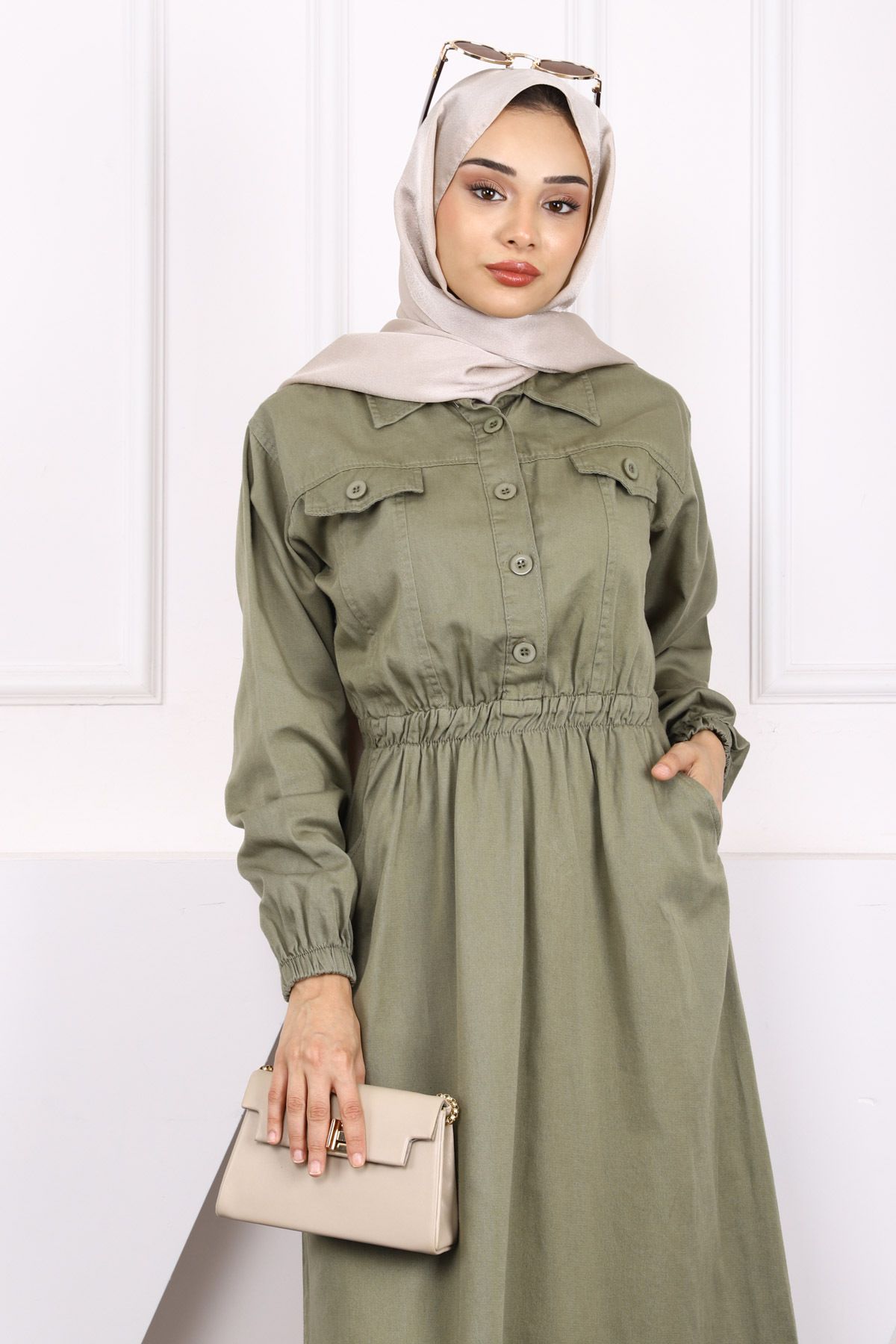 İmajButik-Χακί Φόρεμα Gabardine με ελαστική τσέπη στη μέση 2