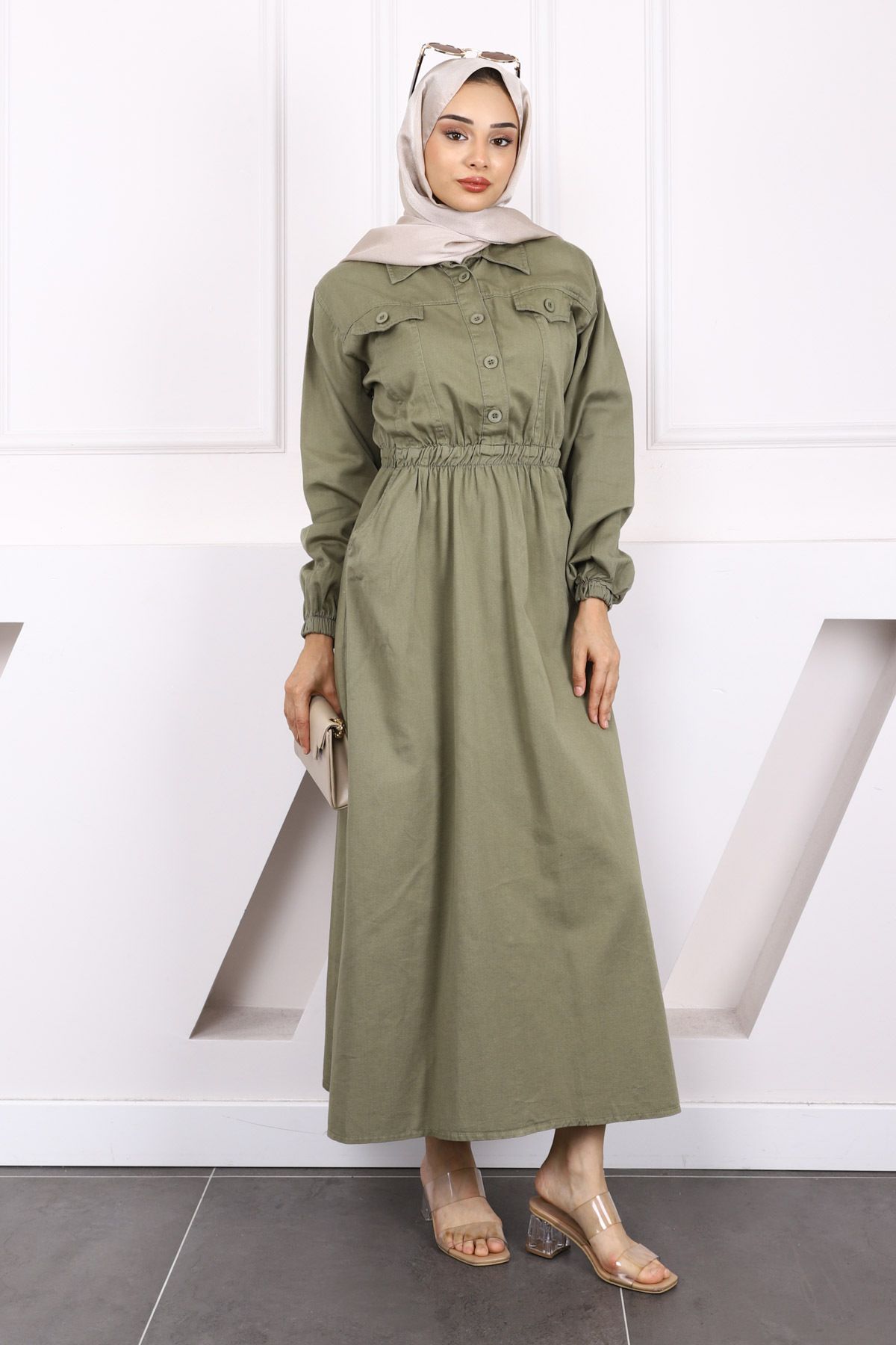 İmajButik-Χακί Φόρεμα Gabardine με ελαστική τσέπη στη μέση 1