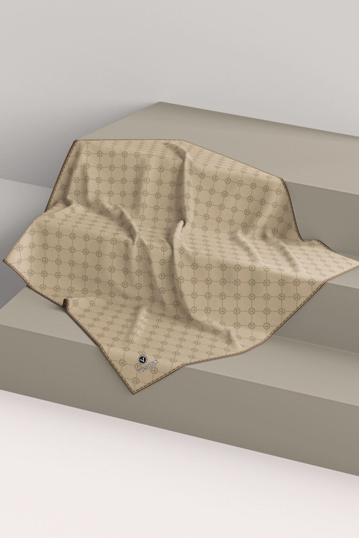 Vissona-Μπεζ Μονόγραμμα με μοτίβο 100% Twill 90x90 Κασκόλ - Ράψιμο στο χέρι 6