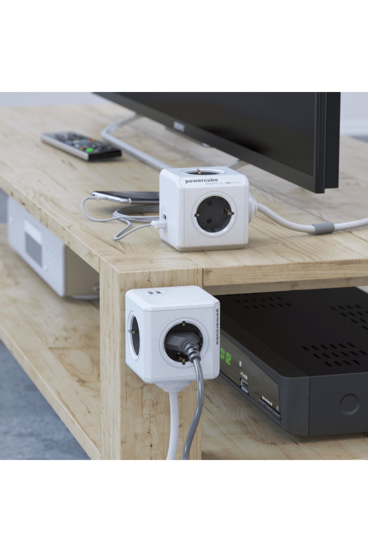Allocacoc-Prelungitor cubic, Powercube de la Allocacoc, 2xUSB-A, 4 prize, 1.5m, alb/gri 3