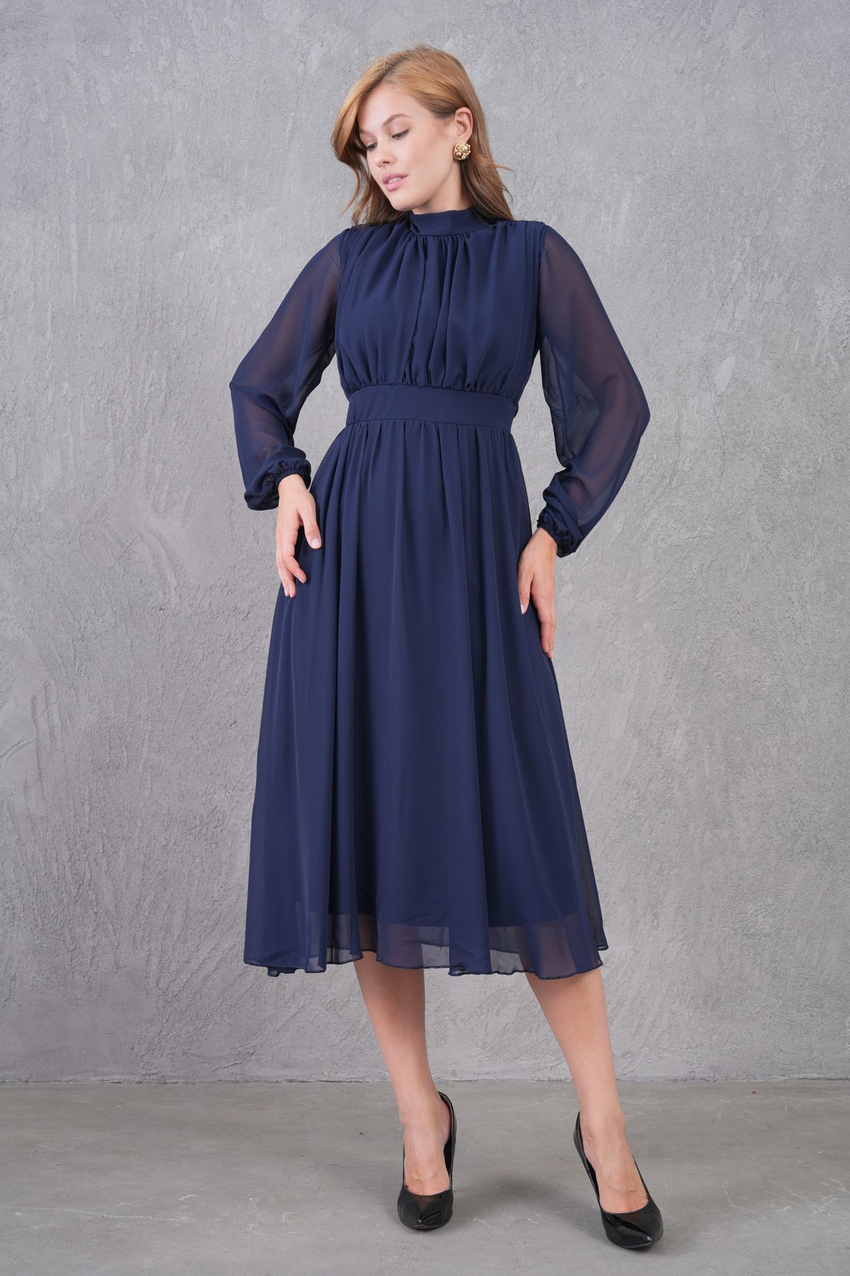 bayansepeti-Rochie midi plisată cu mâneci lungi, cu guler ridicat, căptușită cu țesătură din șifon, albastru bleumarin, 094 8