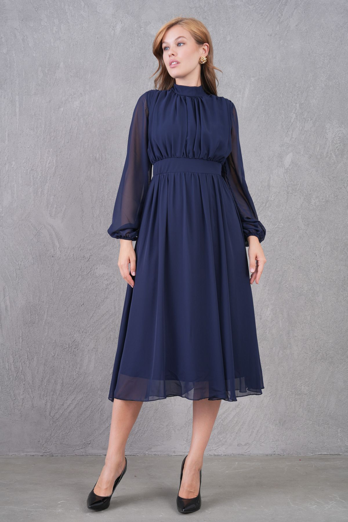bayansepeti-Rochie midi plisată cu mâneci lungi, cu guler ridicat, căptușită cu țesătură din șifon, albastru bleumarin, 094 4