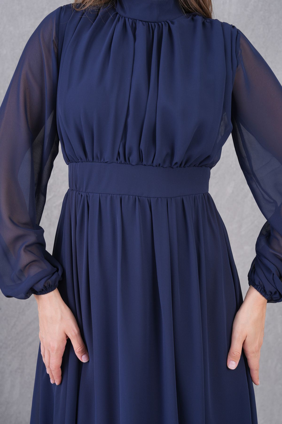 bayansepeti-Rochie midi plisată cu mâneci lungi, cu guler ridicat, căptușită cu țesătură din șifon, albastru bleumarin, 094 7