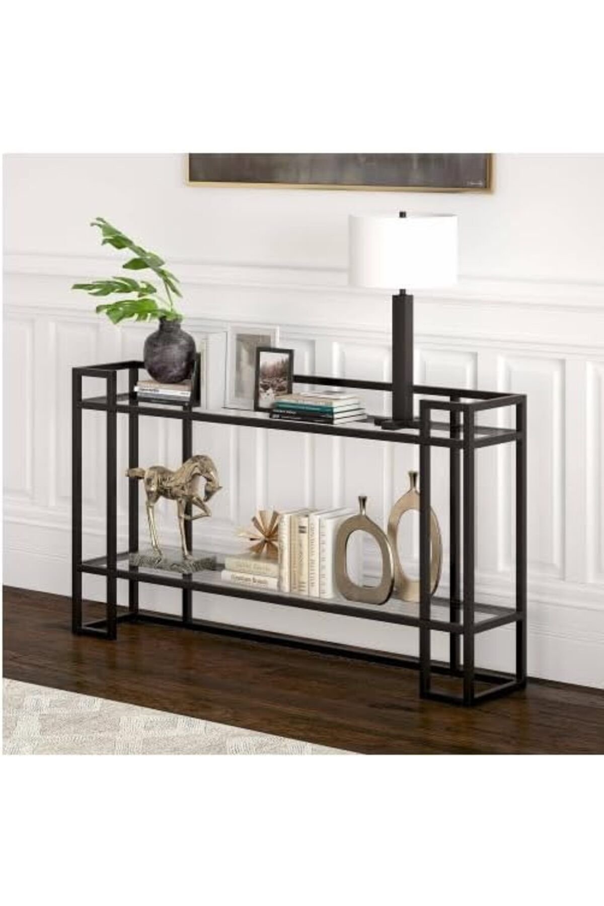 genric-FFD Glass Console Table Metal Console Table with Dual Clear Glass Shelve Entryway Table Narrow 1
