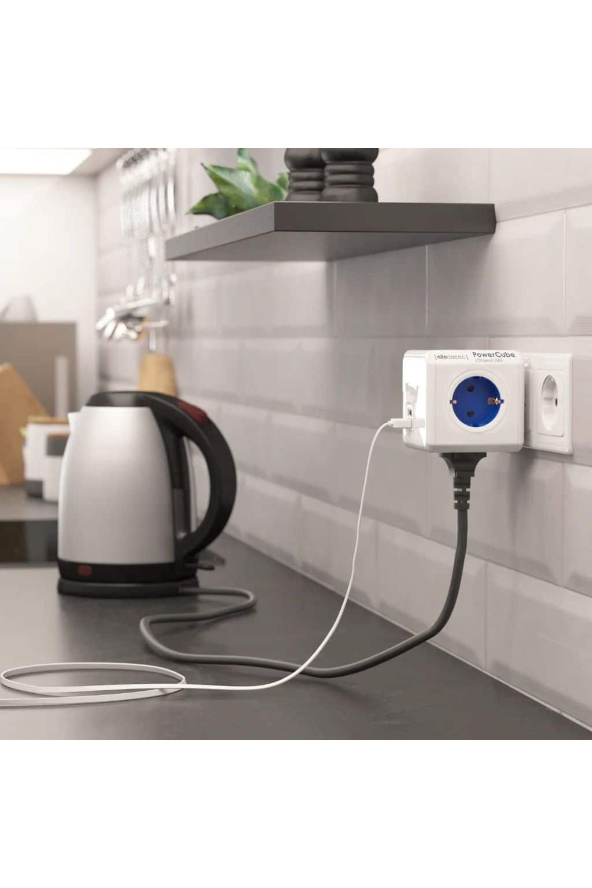 Allocacoc-Prelungitor cubic, Powercube de la Allocacoc, 2xUSB, 4 prize, alb/gri 3