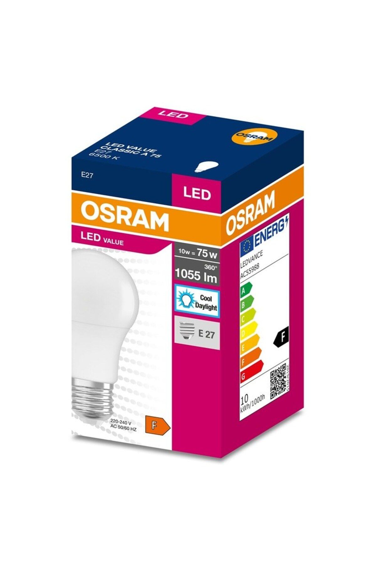 Osram-Set 5 becuri glob LED, E27, 10W echivalent 75W, unghi 360°, lumina rece, 6500K, 1055 lm, clas 3