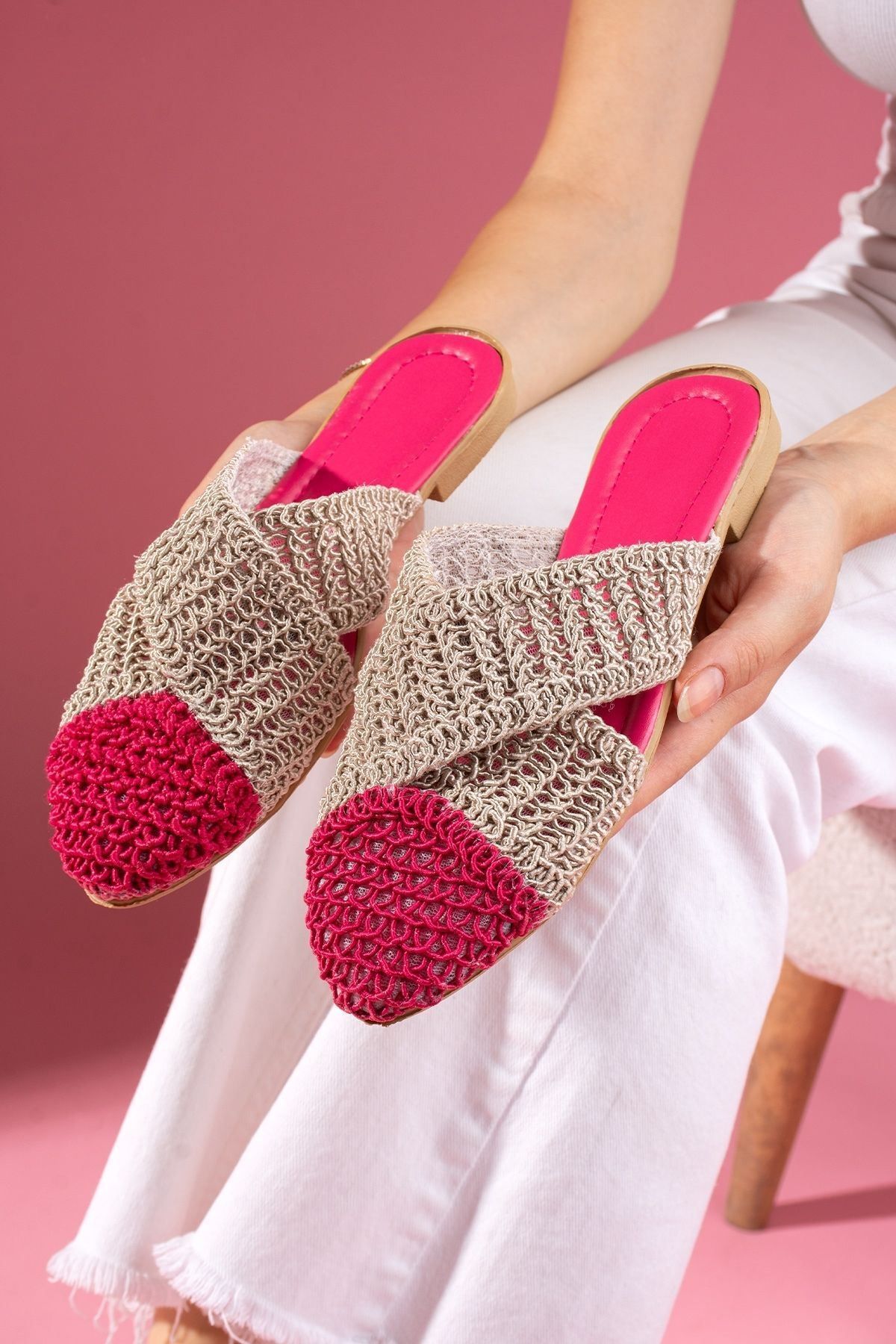 FUGA MODA-Simpa Fuchsia Mink Two-Color Closed Front Cross Tape Detailed Knitted Knitwear Slippers 3