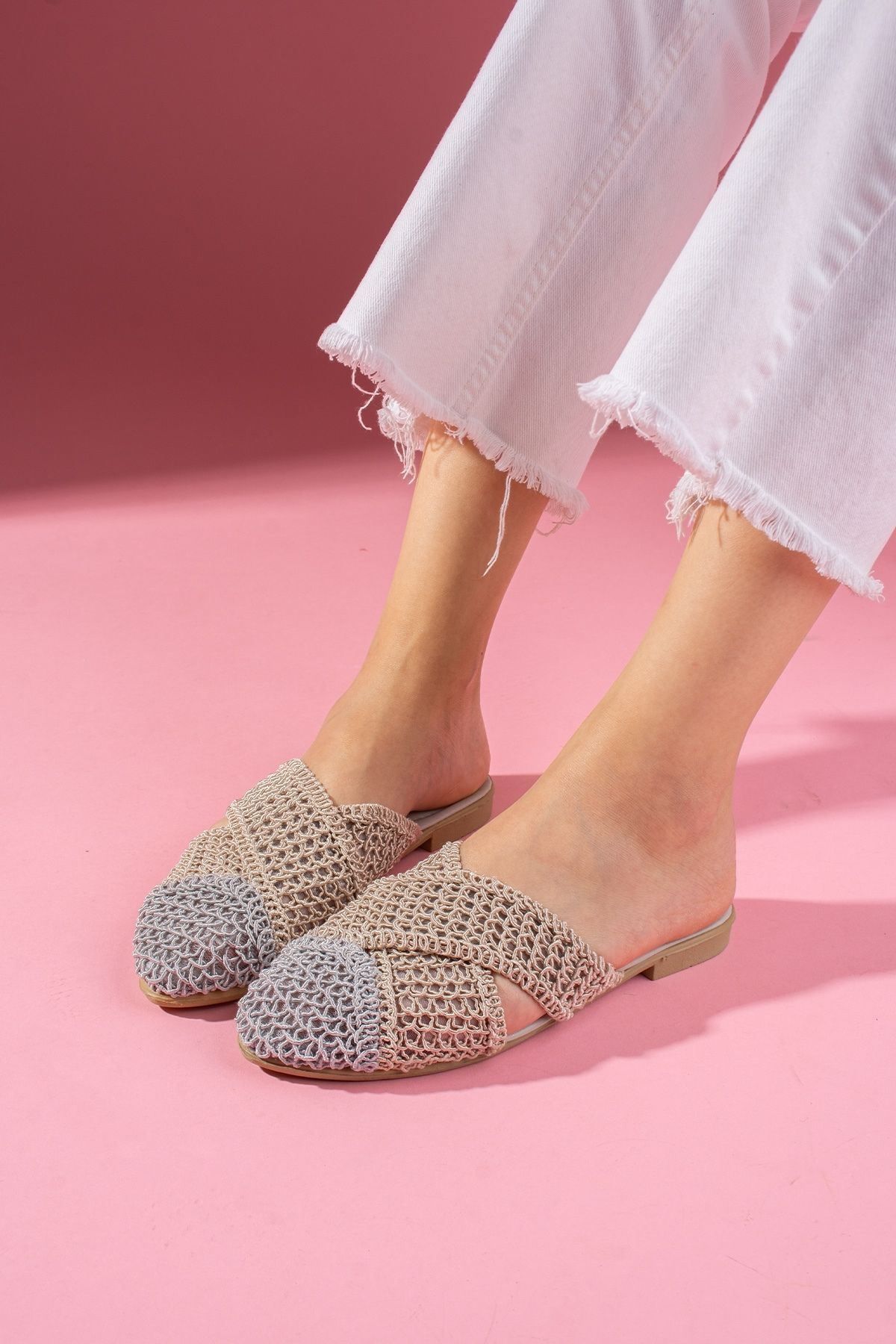 FUGA MODA-Simpa Gray Mink Two-Color Closed Front Cross Tape Detailed Knitted Knitwear Slippers 3