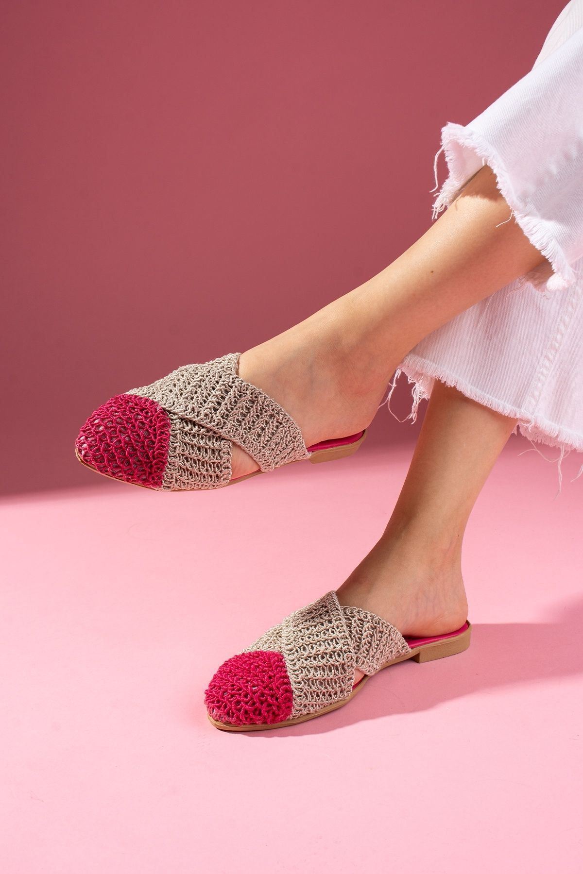 FUGA MODA-Simpa Fuchsia Mink Two-Color Closed Front Cross Tape Detailed Knitted Knitwear Slippers 1