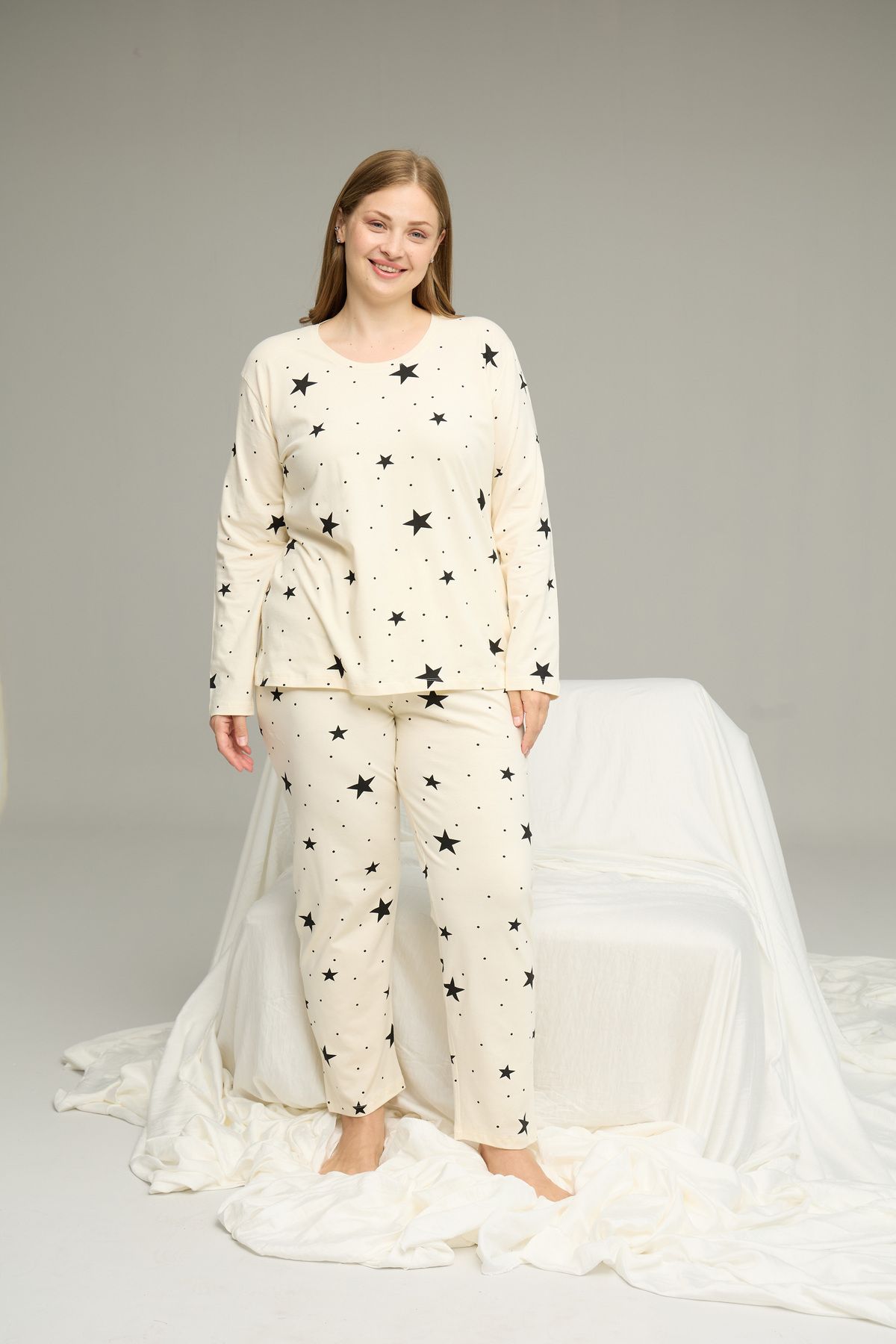 Siyah İnci-Ecru Patterned Curve Large Size Oversized Size Cotton Pajama Set25240812 2