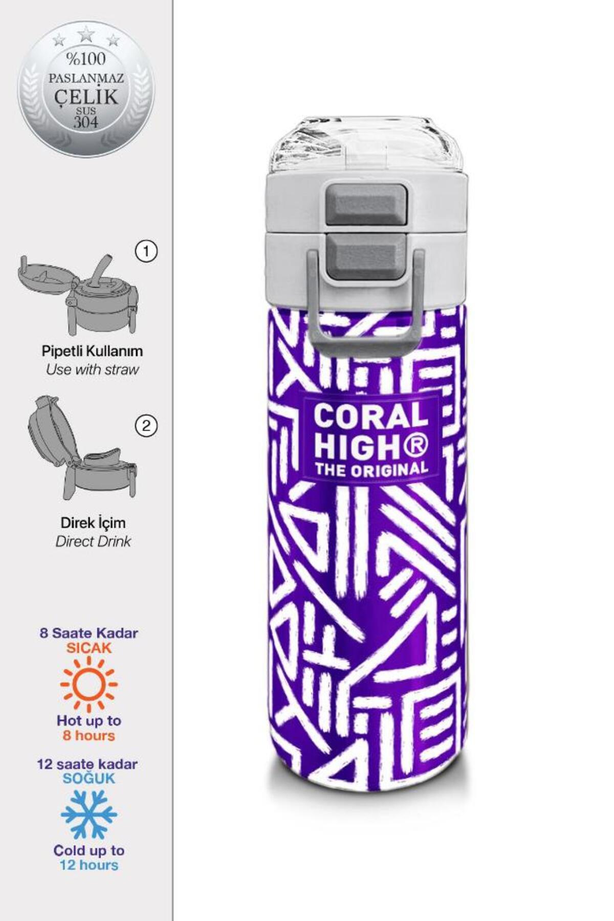 Kids Mor Beyaz Geometrik Desenli Pipetli ve Direkt İçim Çelik Termos 500 ml 31883