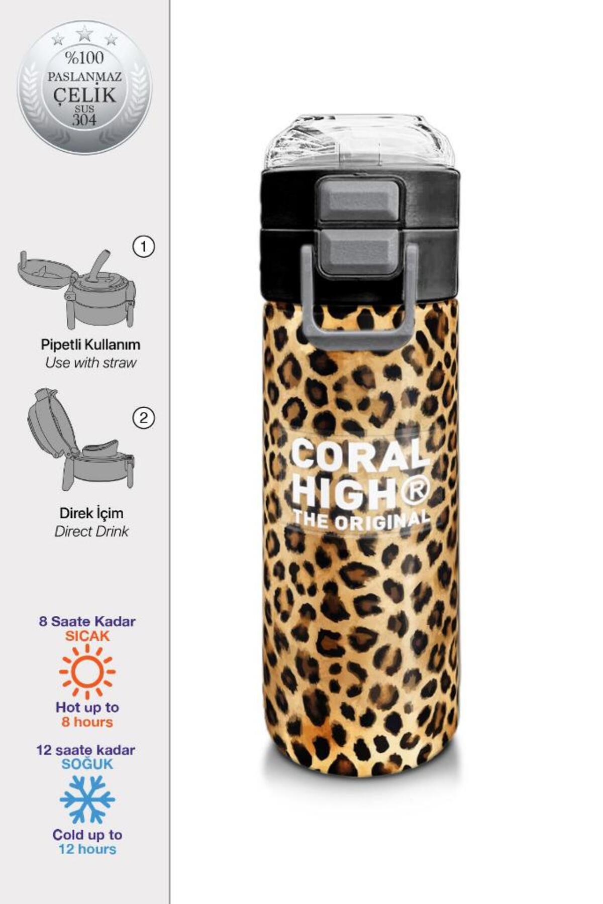 Kids Kahverengi Leopar Desenli Pipetli ve Direkt İçim Çelik Termos 500 ml 31881
