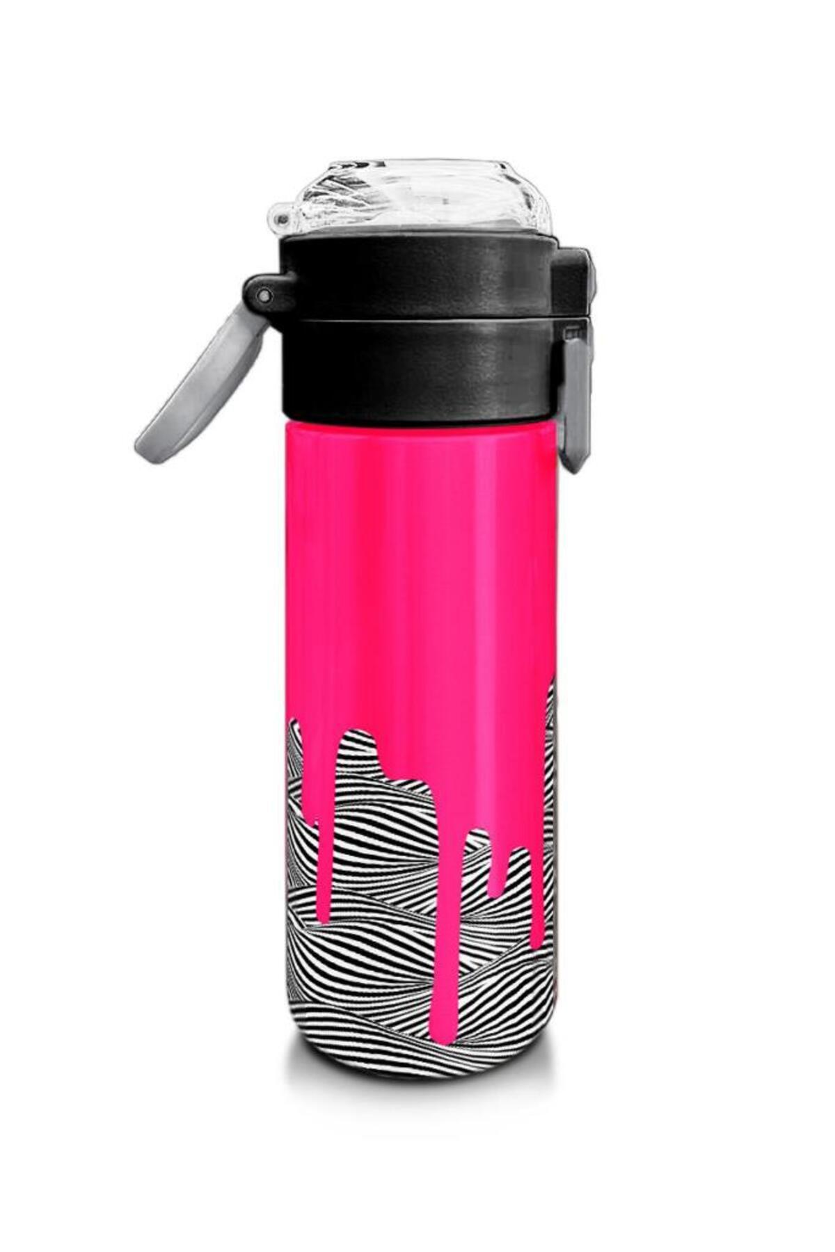 Kids Pembe Siyah Beyaz Desenli Pipetli ve Direkt İçim Çelik Termos 500 ml 31878