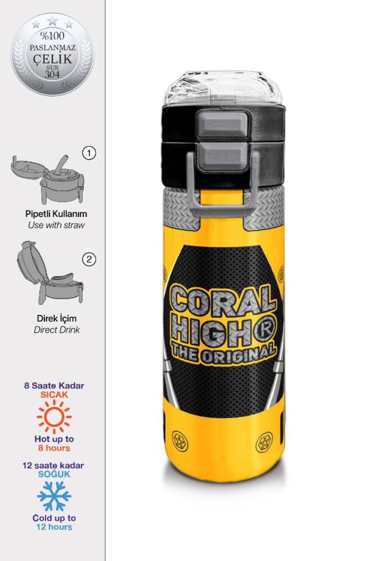 Kids Sarı Siyah Robot Desenli Pipetli ve Direkt İçim Çelik Termos 500 ml 31862