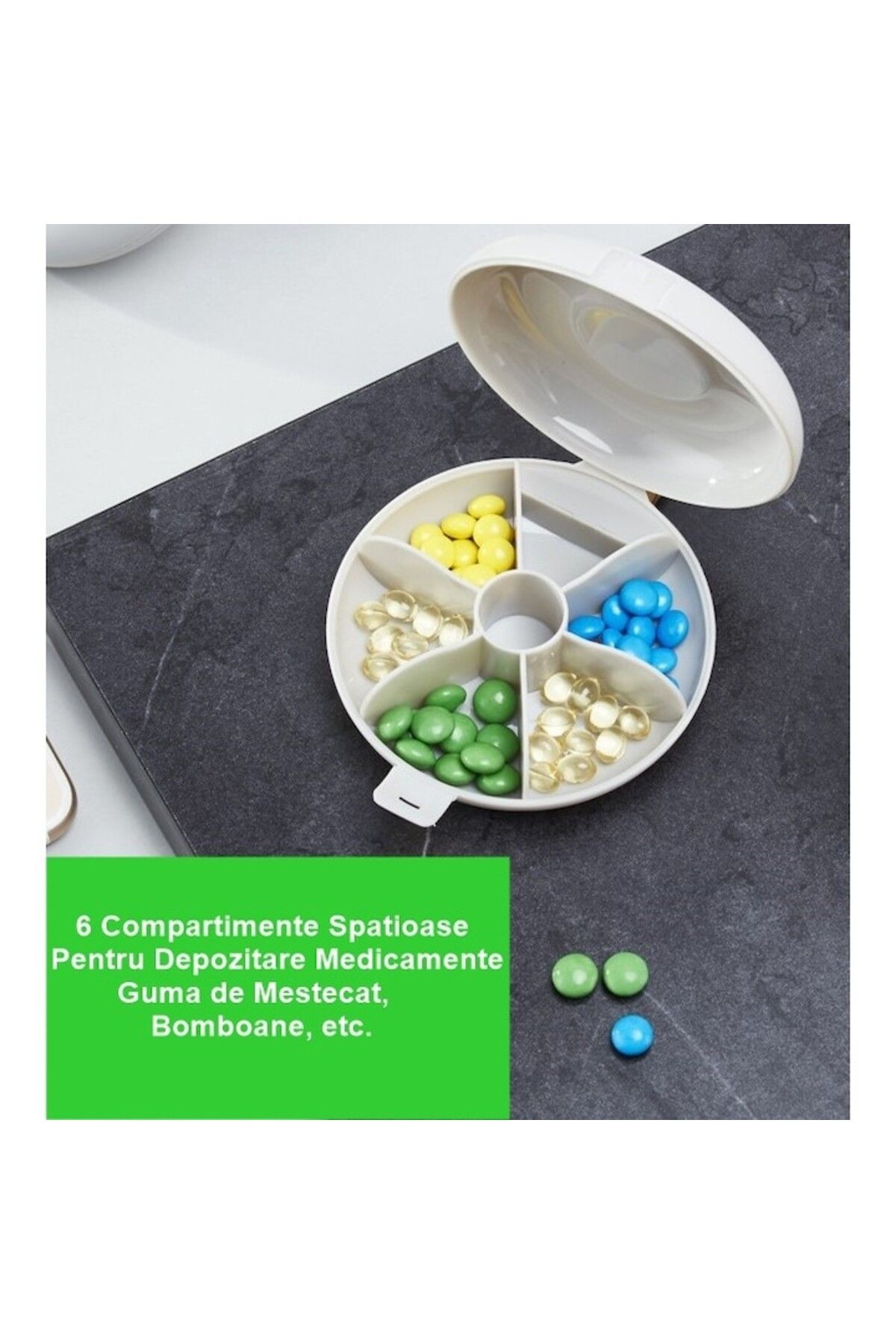 OEM-Medication Storage Box, 6 Compartments, Airtight Closure, Portable, Round, White/Grey, PP, 8.4x2.9x8 3