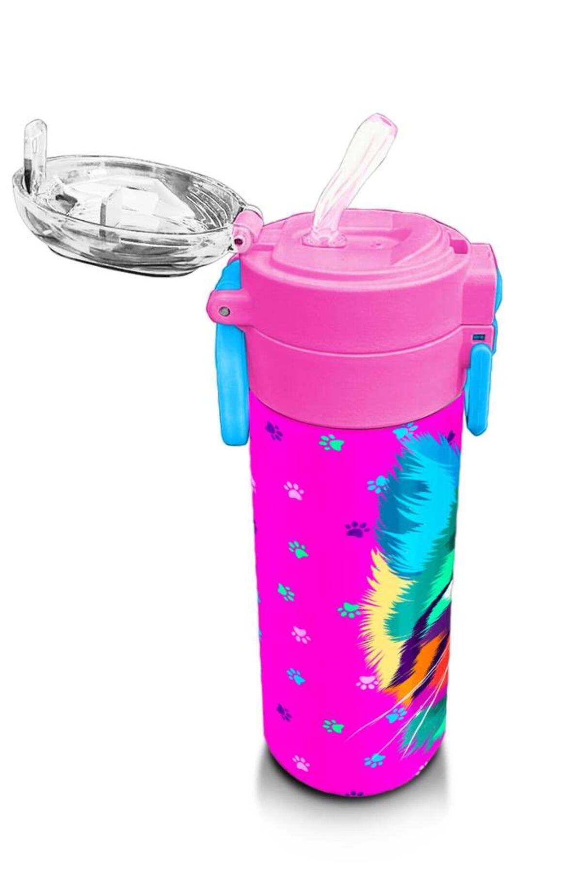 Kids Mor Pembe Kedi Desenli Pipetli ve Direkt İçim Çelik Termos 500 ml 31800