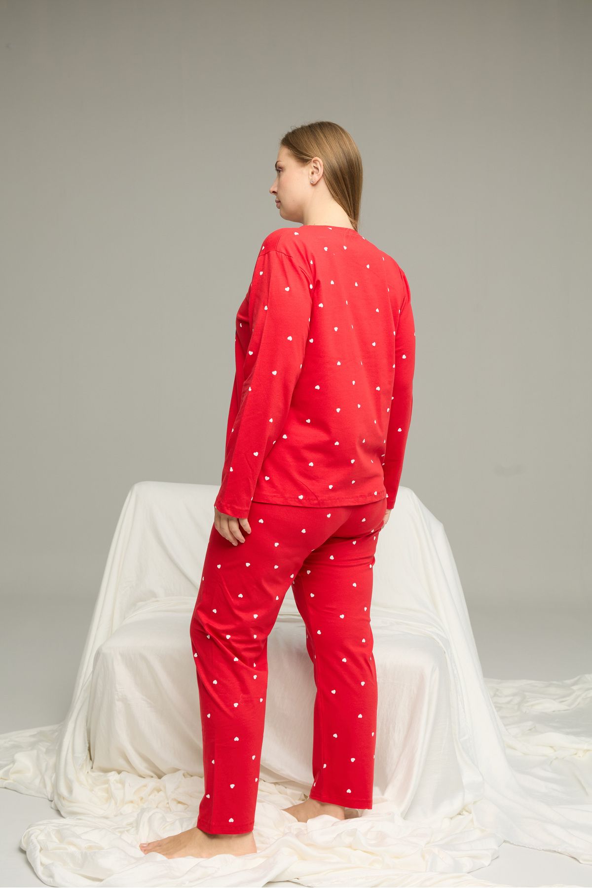 Siyah İnci-Red Pattern Curve Large Size Battal Size Cotton Pajamas Suit25240779 3