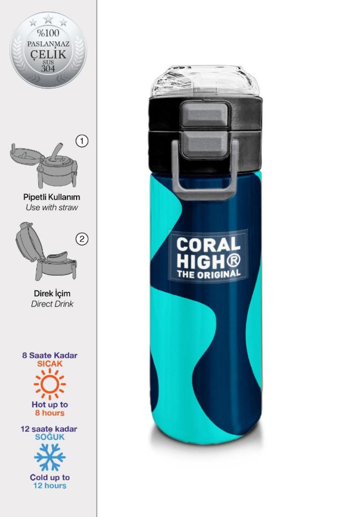 Kids Lacivert Turkuaz Desenli Pipetli ve Direkt İçim Çelik Termos 500 ml 31886