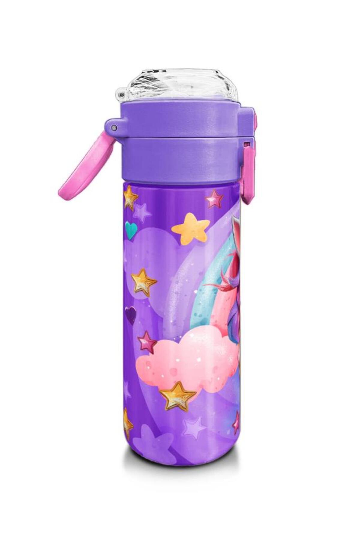 Kids Mor Pembe Unicorn Dondurma Desenli Pipetli ve Direkt İçim Çelik Termos 500 ml 31859