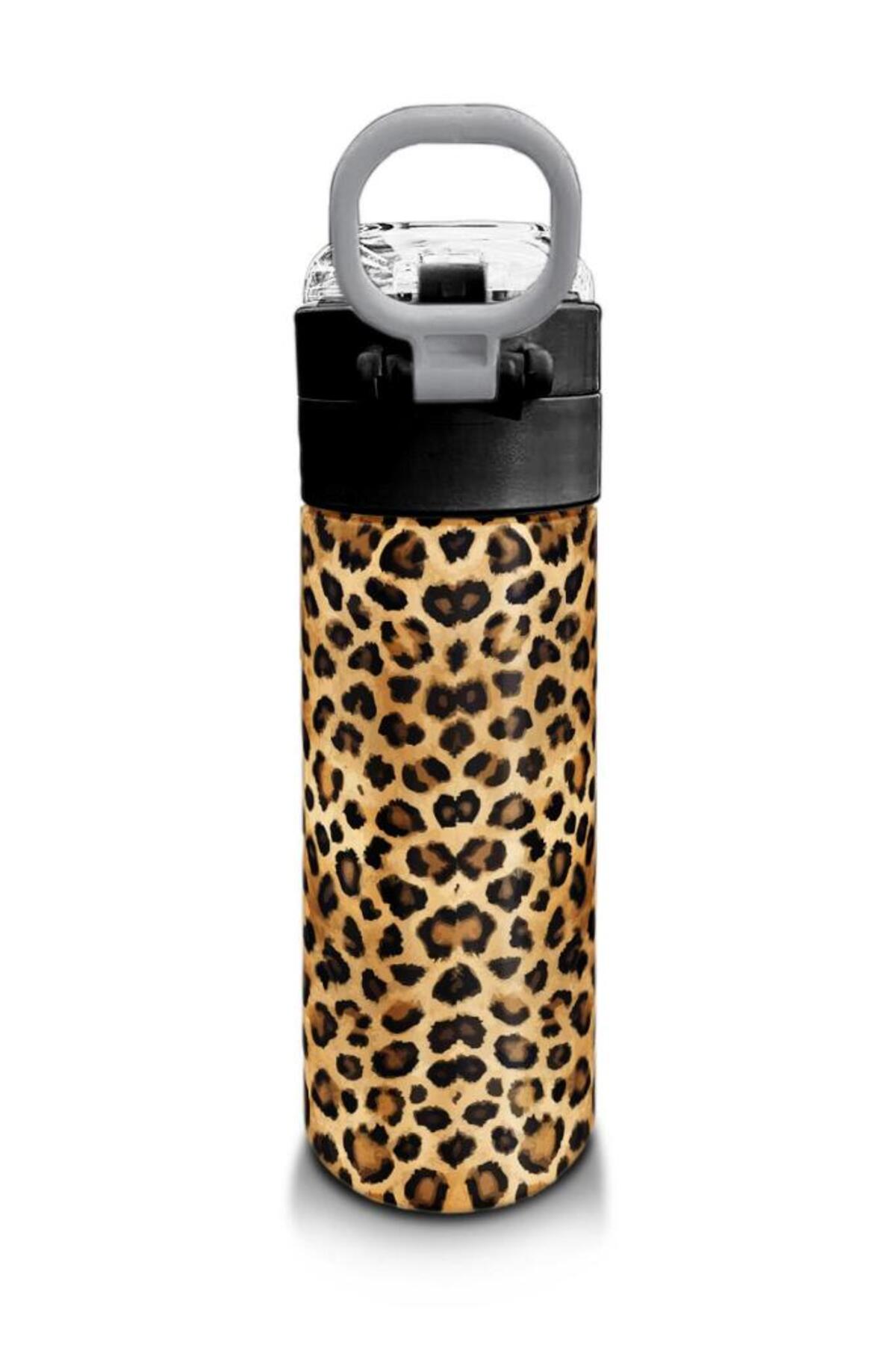 Kids Kahverengi Leopar Desenli Pipetli ve Direkt İçim Çelik Termos 500 ml 31881