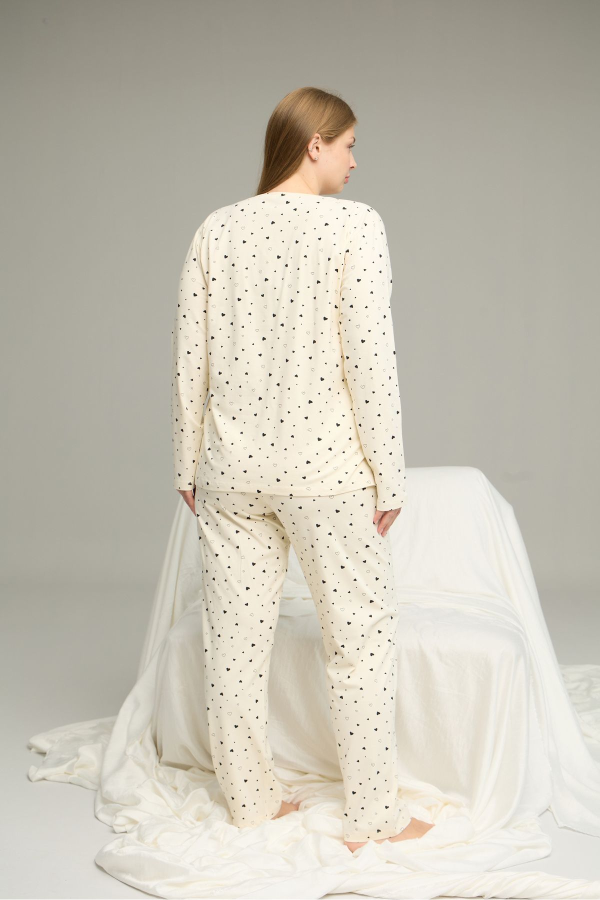 Siyah İnci-Ecru Patterned Curve Large Size Oversized Cotton Pajama Set25240806 3