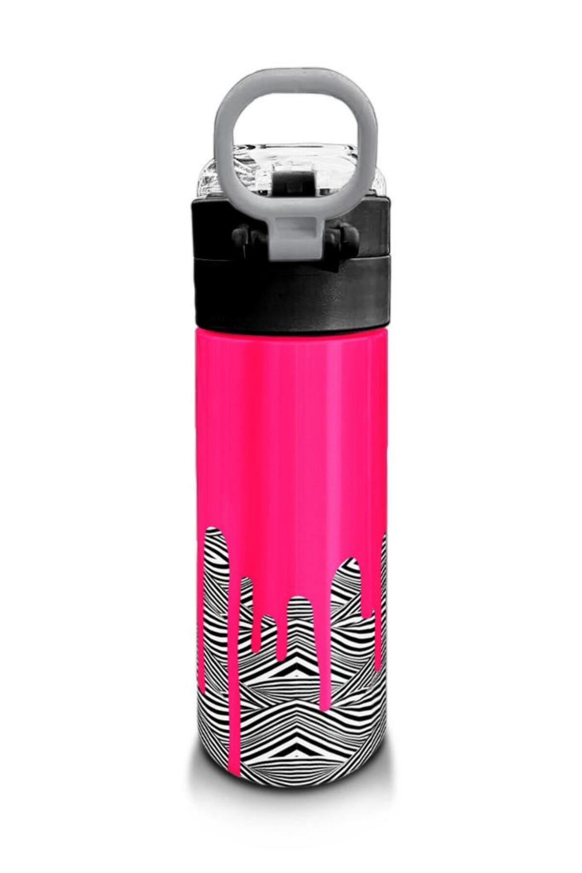 Kids Pembe Siyah Beyaz Desenli Pipetli ve Direkt İçim Çelik Termos 500 ml 31878