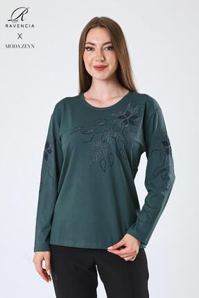 Ravencia Kadın Orta Yaş Ve Üzeri Viskon Çiçek Desen Taşlı Işlemeli Likralı Zü...