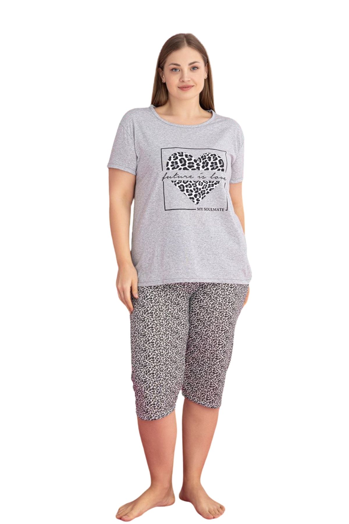 Farya Home-Plus Size Cotton Patterned Short Sleeve Bermuda Capri Suit 5