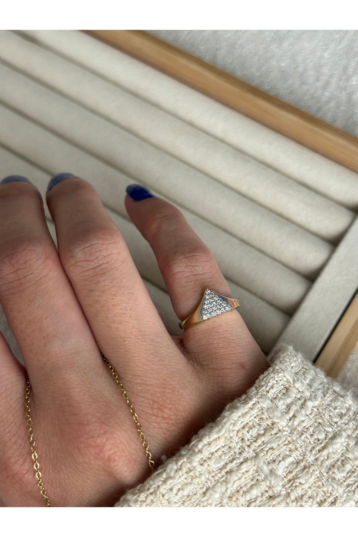 ringbox-Double Color Zircon Stone Triangle Model Pinky Finger Ring 1