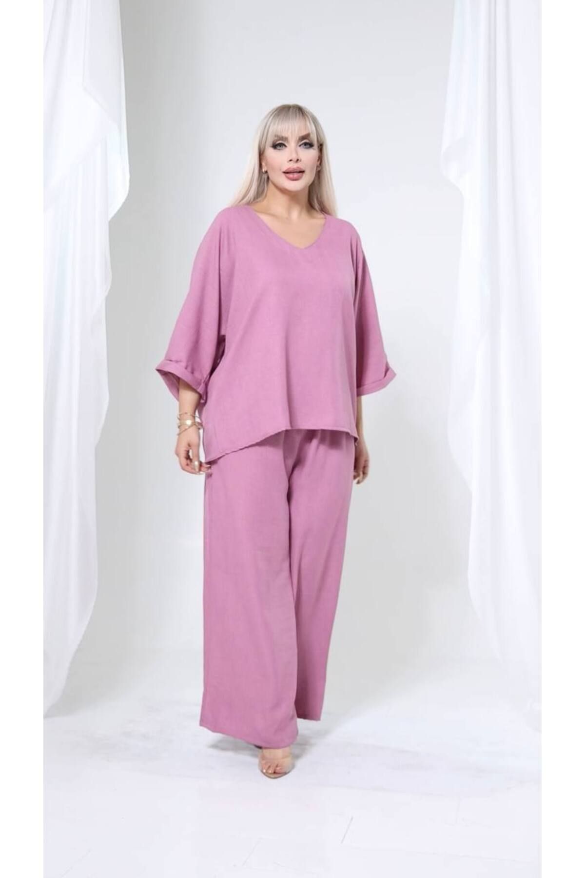garajmood-Plum Linen Fabric Wide Comfortable Fit V-Neck Bottom Top Set 7