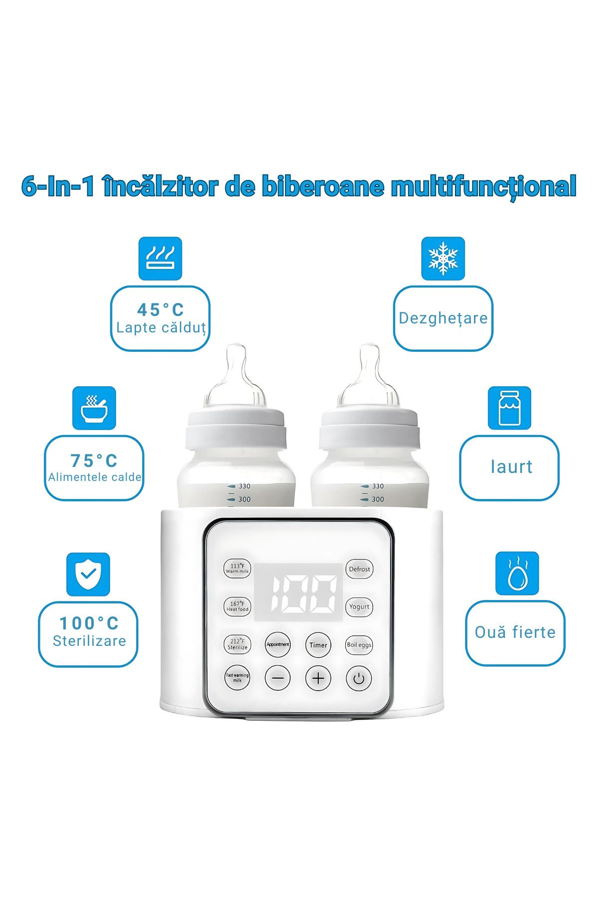 D&K WONDER-Incalzitor & Sterilizator Biberoane 6-în-1, Display Digital, 2 Biberoane, 100°C/45°C 4