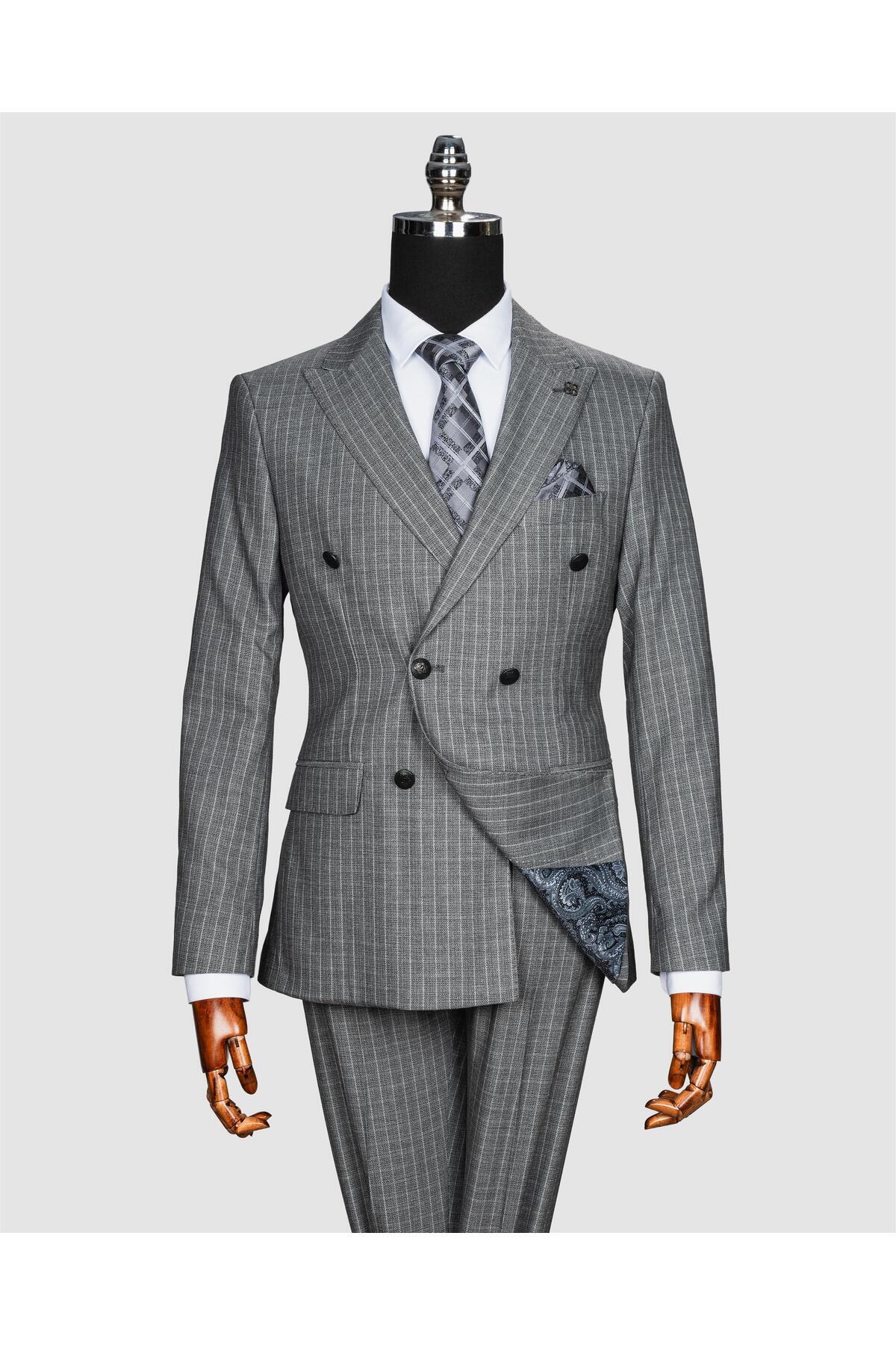 echol Ech. 2344 Dokulu Dar Çizgili Kruvaze Takım