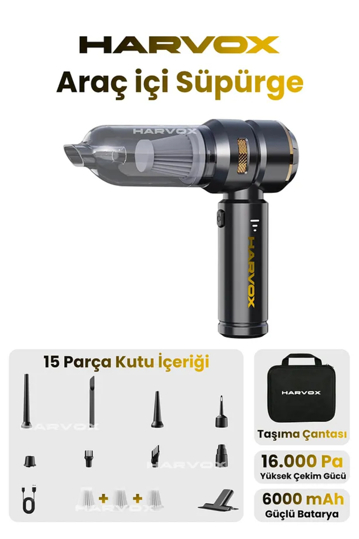 16000pa Güçlü Vakum Araç Süpürgesi Taşınabilir Çantalı 6000mAh Bataryalı Üflemeli HXVC-001