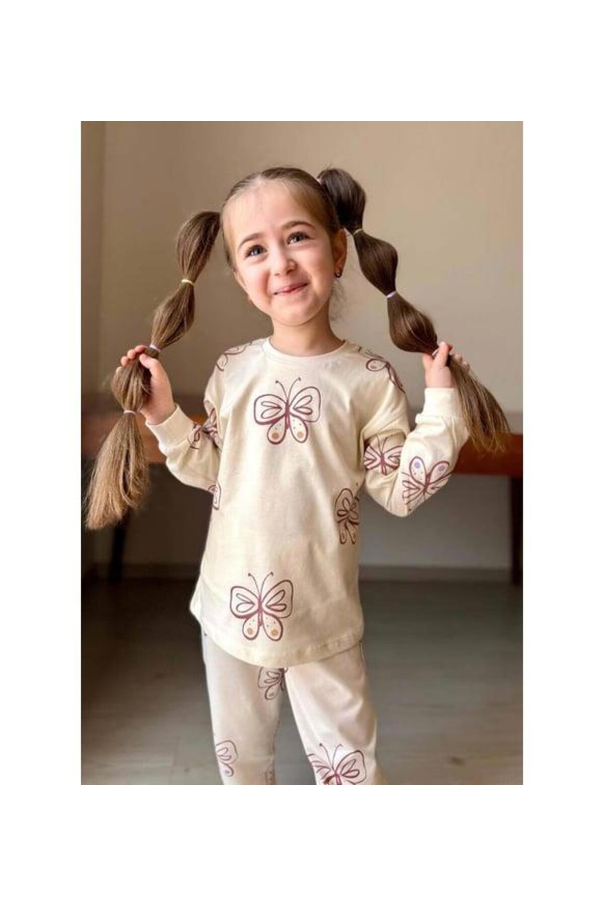 RAPAPA Kız Çocuk Uzun Kollu Bilekleri Manşetli Kelebek Desenli Krem Pijama Takımı 3213 fotoğrafı 2 (önizleme)