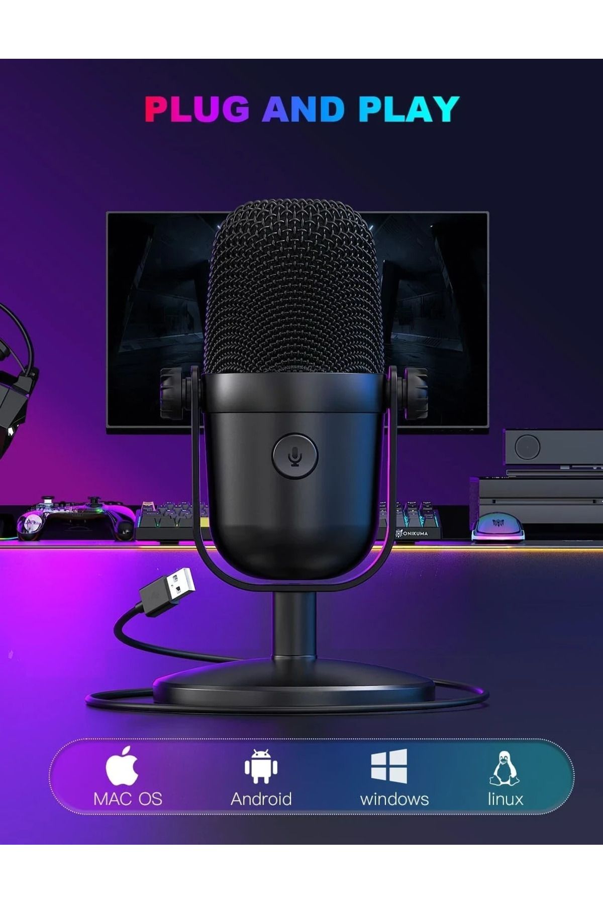 Generic-ميكروفون ألعاب USB مع خاصية كتم الصوت وإلغاء الضوضاء - ميكروفون مكثف RGB للبث المباشر 4