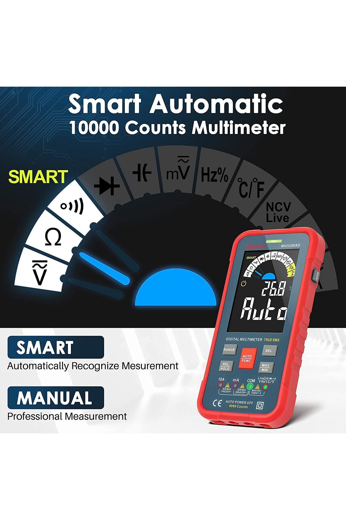 AstroAI-Multimetru digital MUS10KRD, 10000 Counts, Smart Auto, TRMS Auto-Ranging, Display Color 3