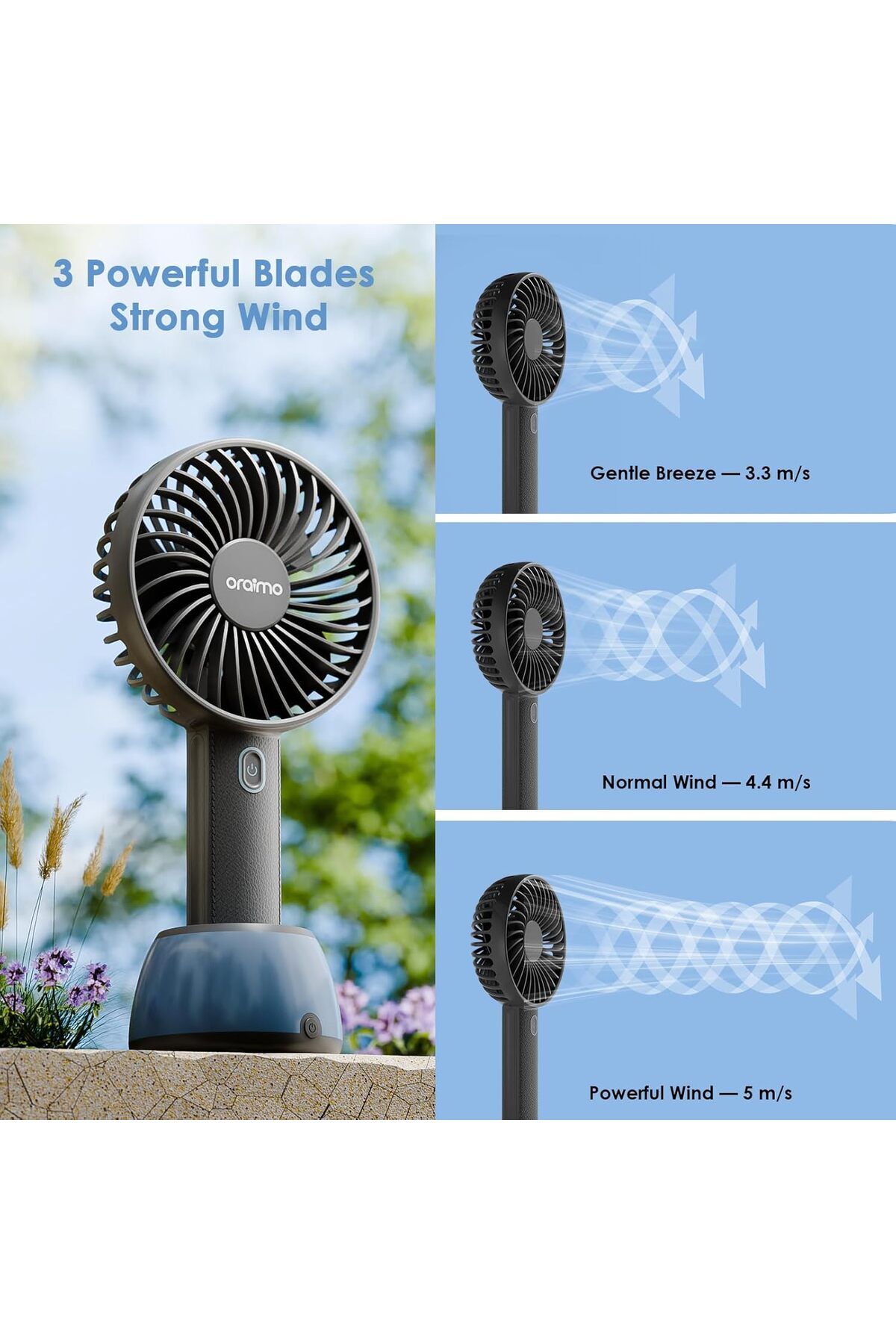 oraimo-Portable Fan 2-in-1 with Mood Light, 17H Max Battery Life, Handheld Fan & Desk Fan 3-Speed Co 3