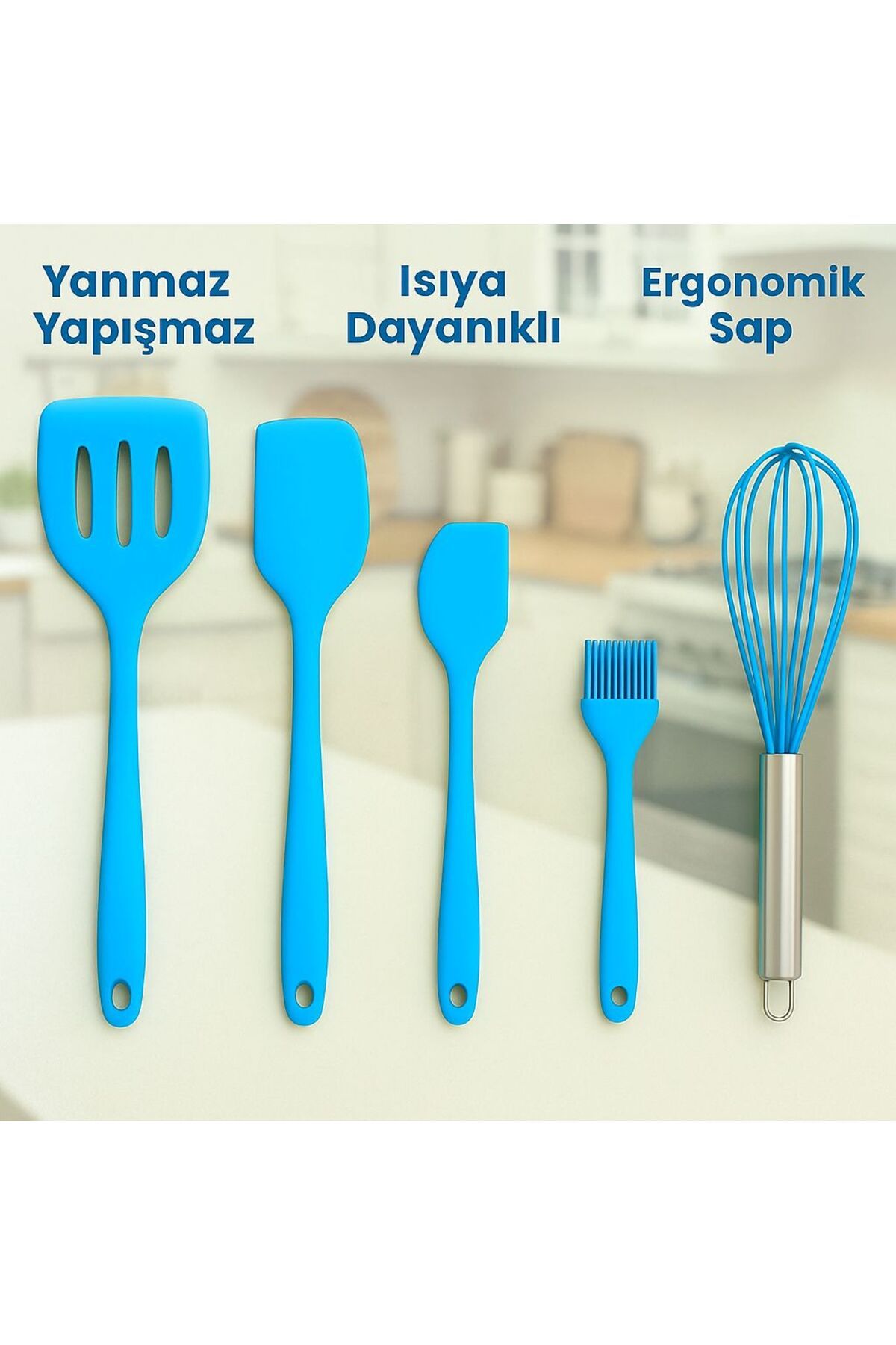TARIK HOME-مجموعة 5 قطع من مضرب السيليكون الأزرق، فرشاة، ملعقة بمقبض مريح - مقاوم للحريق وغير لاصق 1