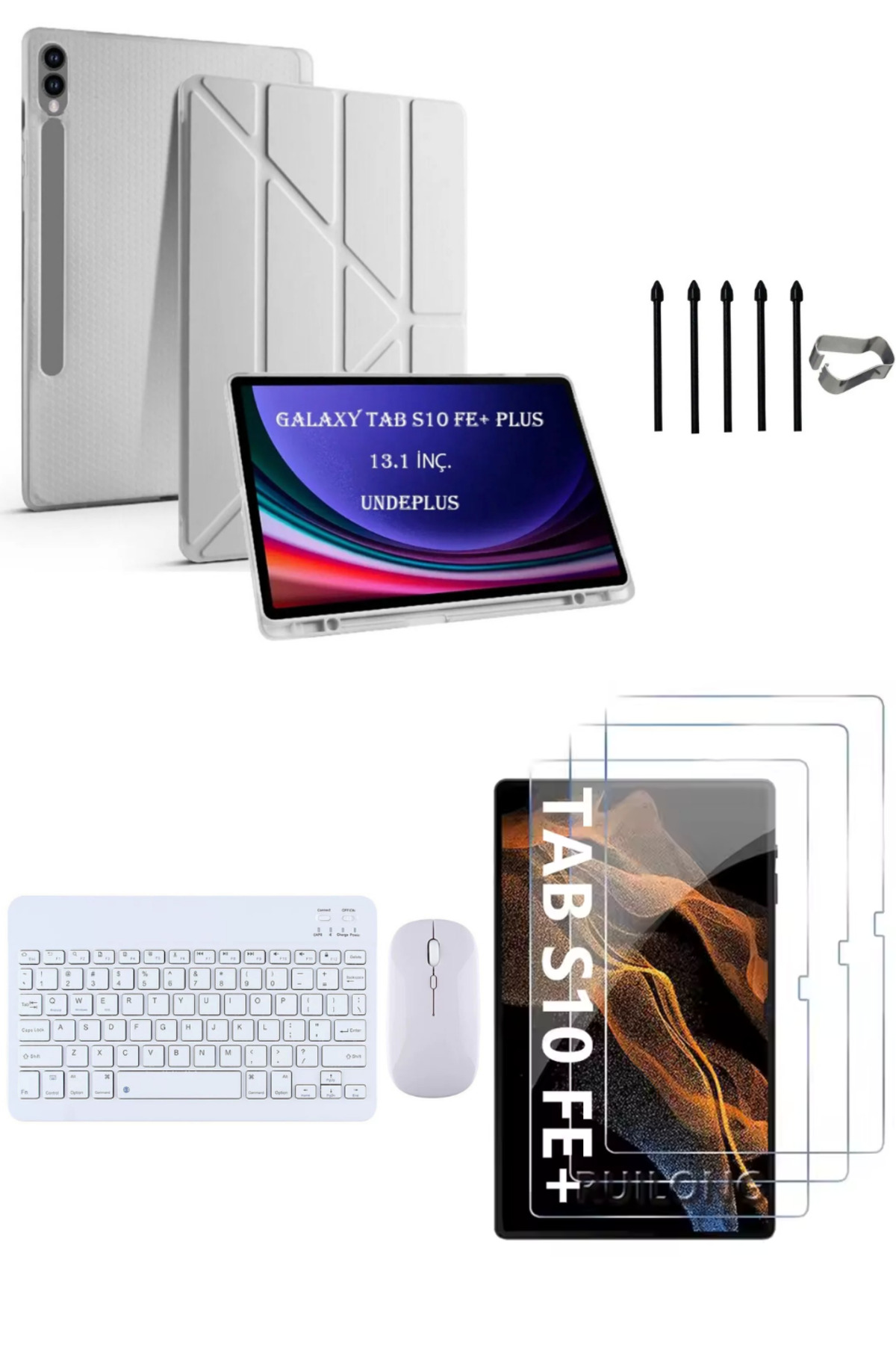 Samsung Galaxy Tab S10 FE+ Plus Origami Case+Keyboard Mouse+S Pen Replacement Tip+Screen Protector Grey